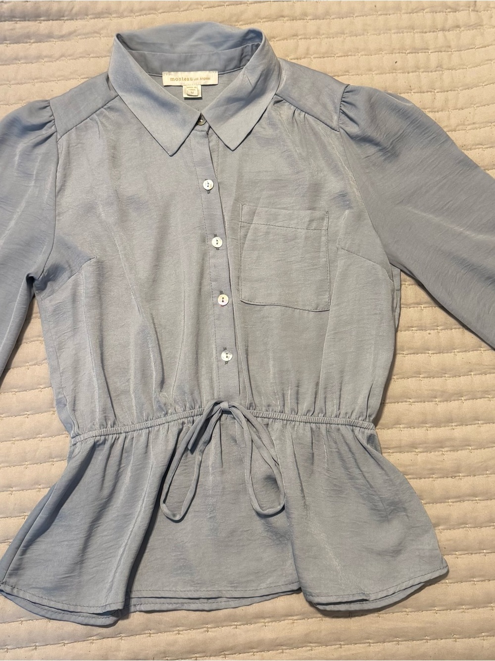 Light Blue Button-Down Peplum Drawstring Shirt - Women